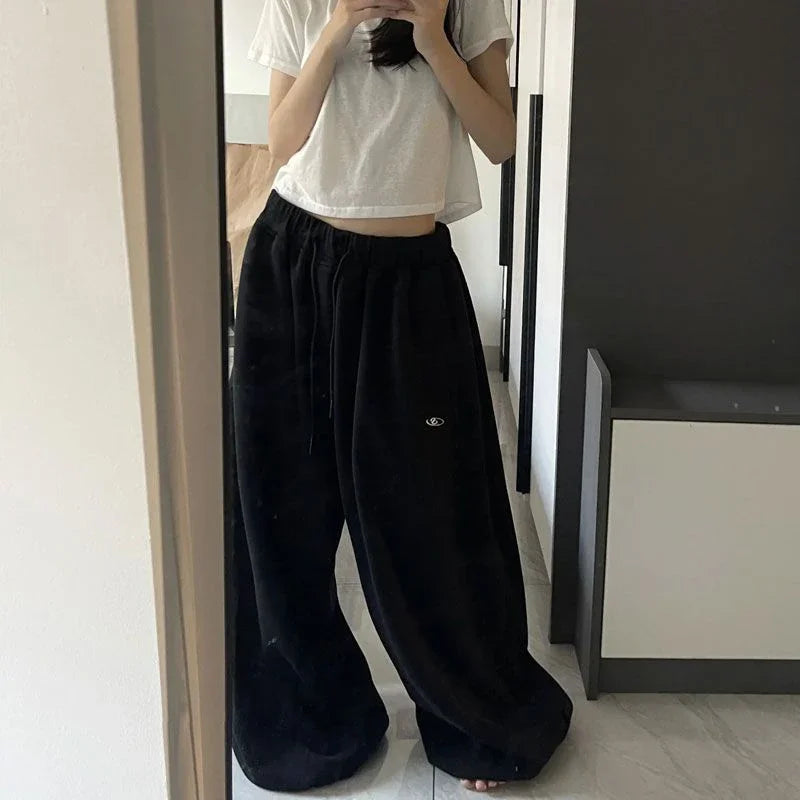 American Retro Hip-Hop Oversized Woman Black Casual Sweatpants Korean Streetwear Loose Jogging Pants High Waist Wide-Leg Pants