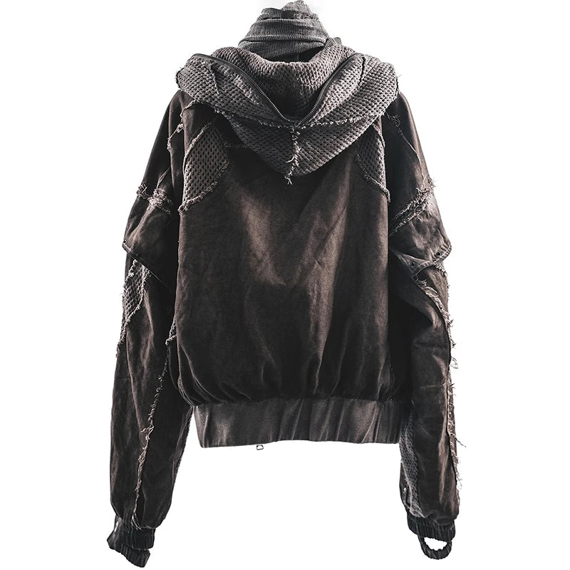 Waste Soil Style Mesh Splicing Hooded Short Jacket Washed Distressed Stereoscopic Cut Loose Coat  for Men