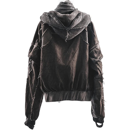 Waste Soil Style Mesh Splicing Hooded Short Jacket Washed Distressed Stereoscopic Cut Loose Coat  for Men