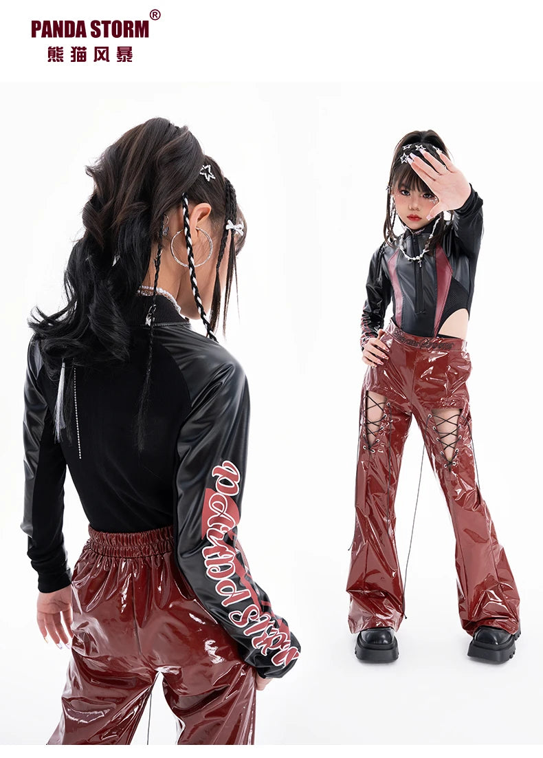 2025 Fashion Girls Jazz Dance Clothes Leather Tops Trousers Red Performance Suit Hip Hop Dance Costume Kids Stage Wear  BL18021