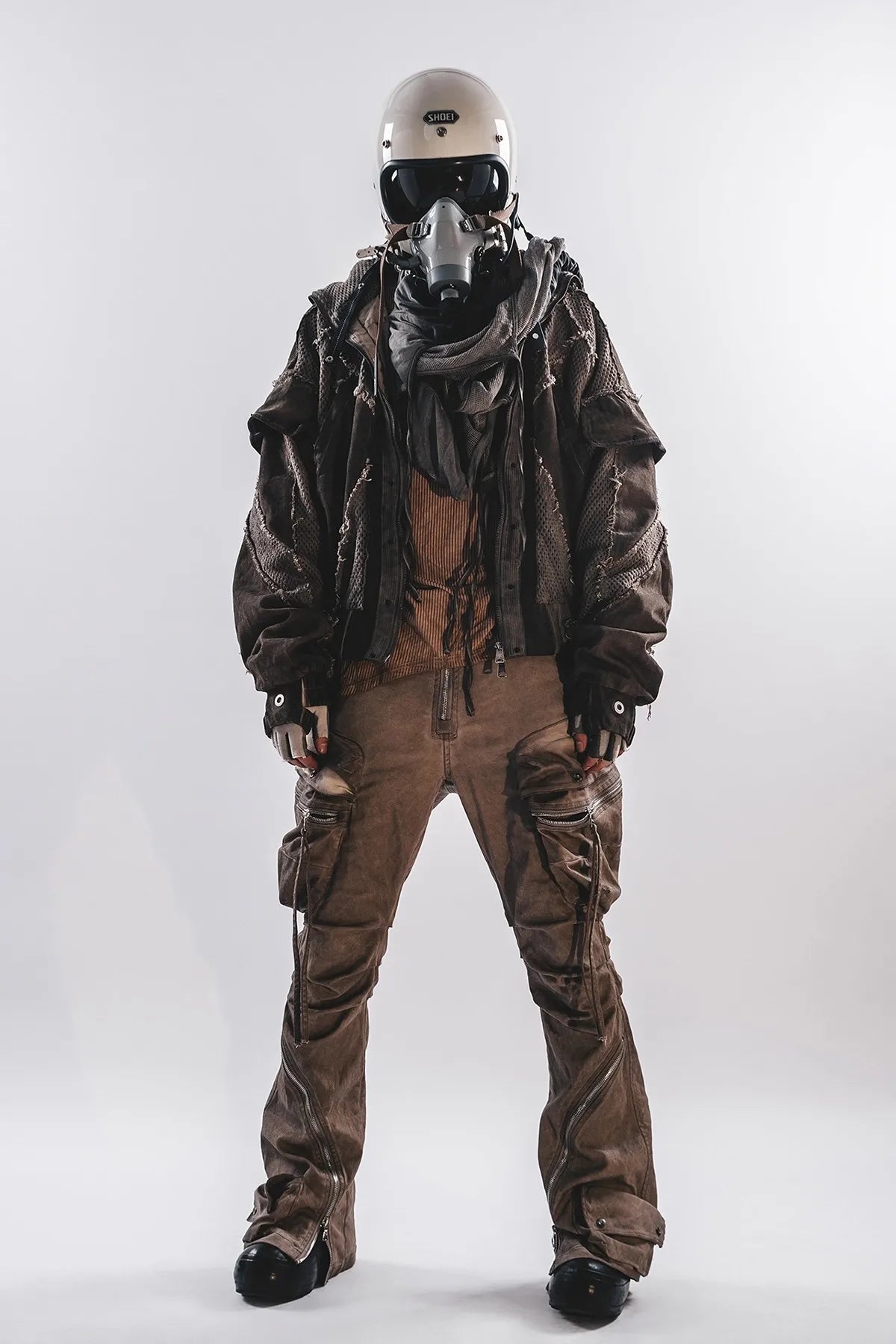 Waste Soil Style Men Stereoscopic Cut Mesh Splicing Hooded Short Jacket Washed Distressed Coat Men