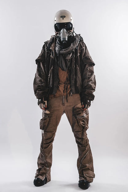 Waste Soil Style Men Stereoscopic Cut Mesh Splicing Hooded Short Jacket Washed Distressed Coat Men