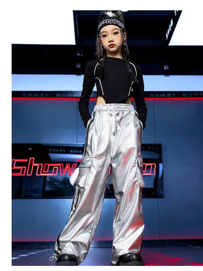 Jazz Dance Girls Clothes Kids Hip Hop Dance Costume Black Leather Crop Tops Hiphop Pants Catwalk Performance Clothing BL13600