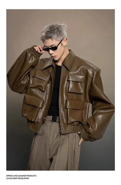 Y2K Mens PU Leather Jacket Pocket Motorcycle Coat Flip Collar Casual Gothic High Street Dark Silhouette Top Men's Wear 2025