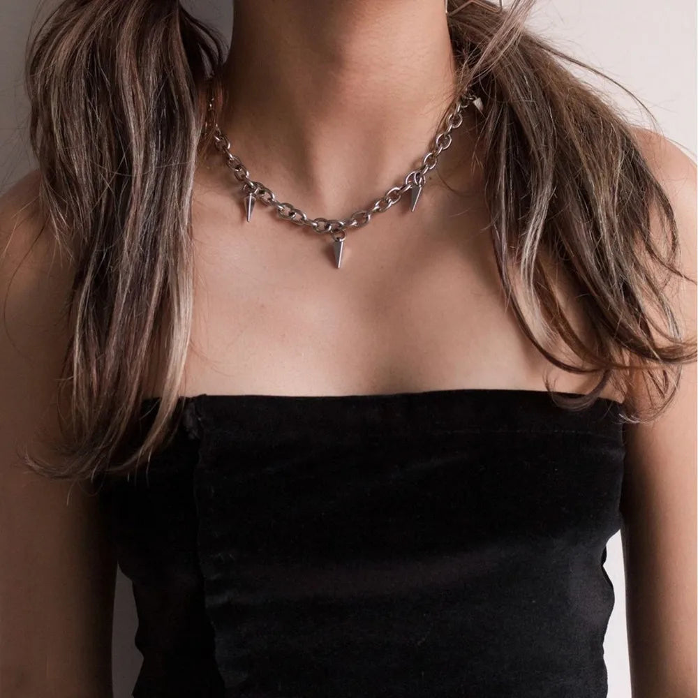 Men Punk Style Rivet Tassel Necklace Hip Hop Women Fashion Geometric Titanium Steel Chain Necklace