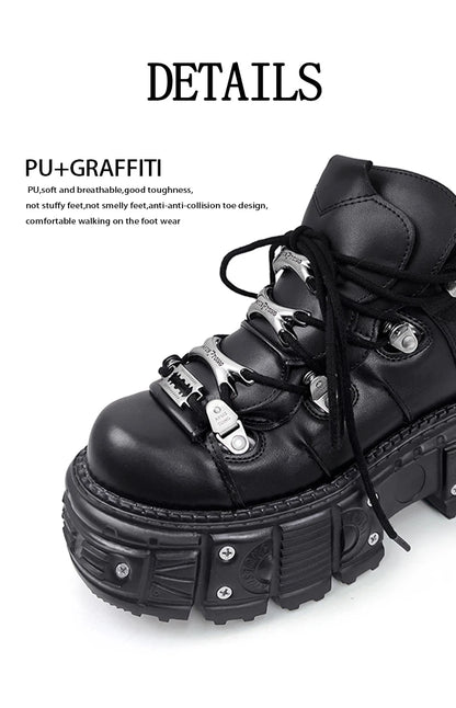 New Women Shoes Punk Style Lace-up Heel Height 6CM Platform Shoes Woman Gothic Ankle Rock Boots Metal Decor Woman Sneakers