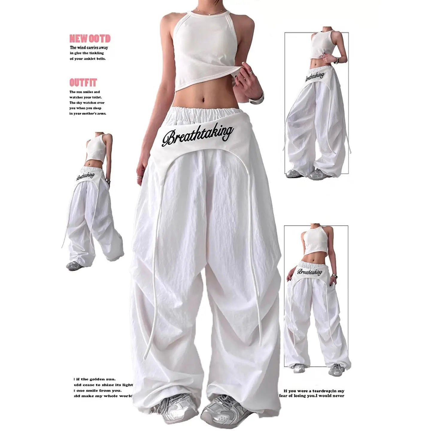 Women's Bootcut Trousers - Streetwear Baggy Pants with Hip Drape & Waist Ties, American Hip Hop Curved Hem Casual Pants White