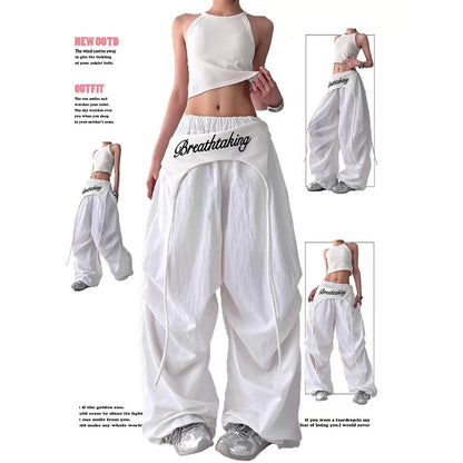 Women's Bootcut Trousers - Streetwear Baggy Pants with Hip Drape & Waist Ties, American Hip Hop Curved Hem Casual Pants White