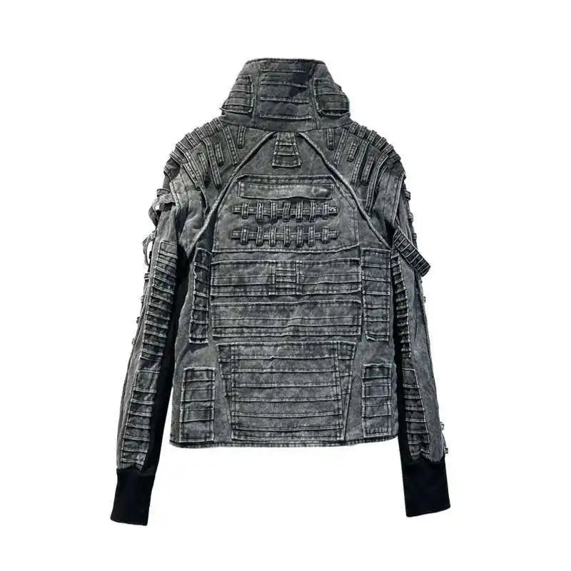 HKSH Spring Autumn Men Punk Waste Land Pleated Asymmetric Loop Vintage Washed Cotton Jacket Techwear Dark Motorcycle Coat HK4372