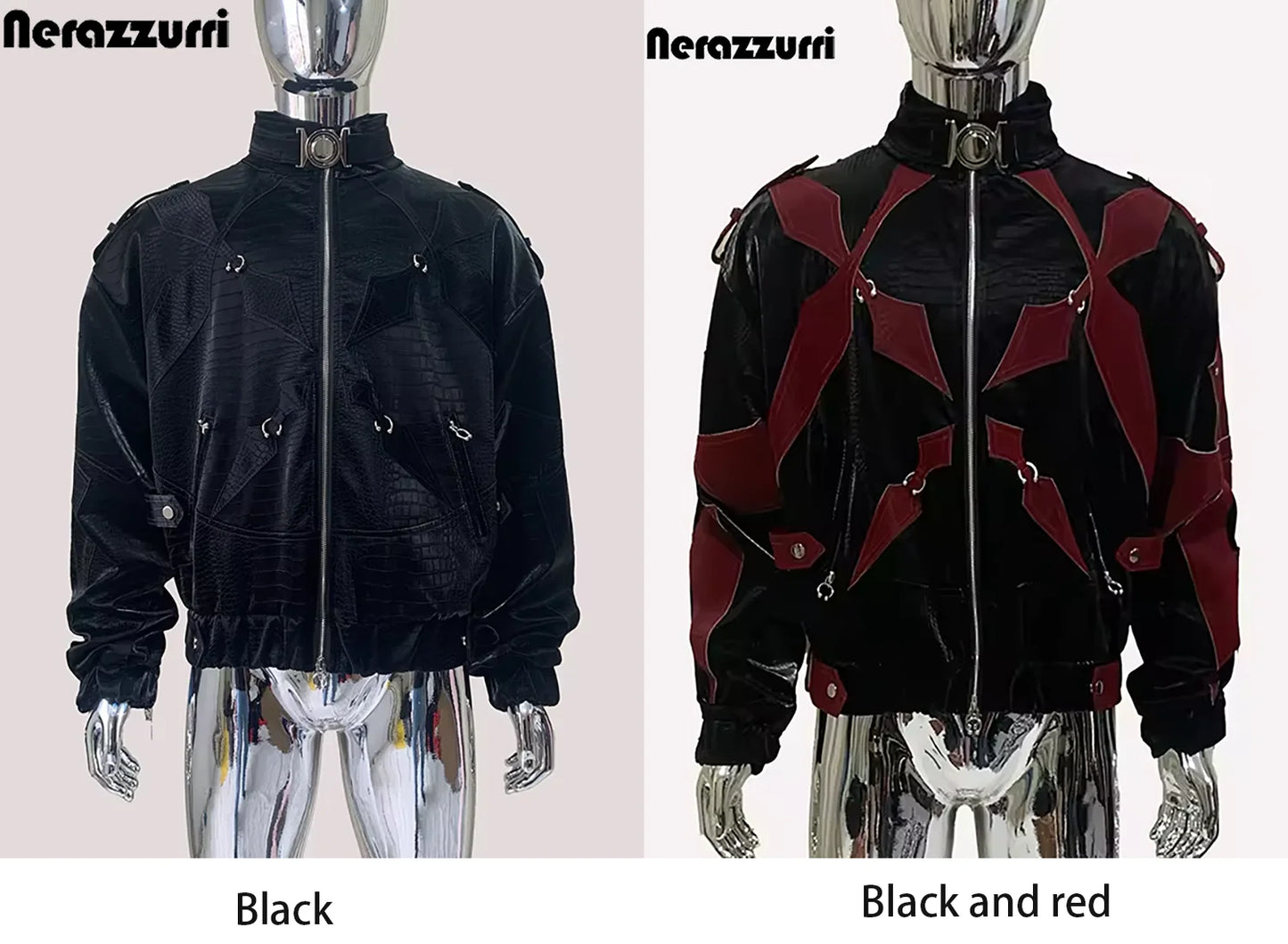 Mauroicardi Autumn Short Color Block Crocodile Print Faux Leather Jacket Men Stand Collar Luxury Designer Punk Style Emo Clothes