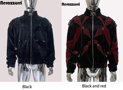 Mauroicardi Autumn Short Color Block Crocodile Print Faux Leather Jacket Men Stand Collar Luxury Designer Punk Style Emo Clothes