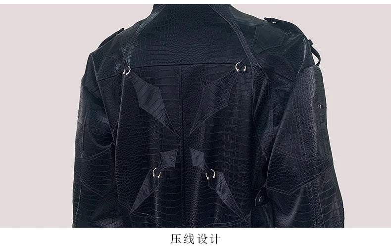 Mauroicardi Autumn Short Color Block Crocodile Print Faux Leather Jacket Men Stand Collar Luxury Designer Punk Style Emo Clothes