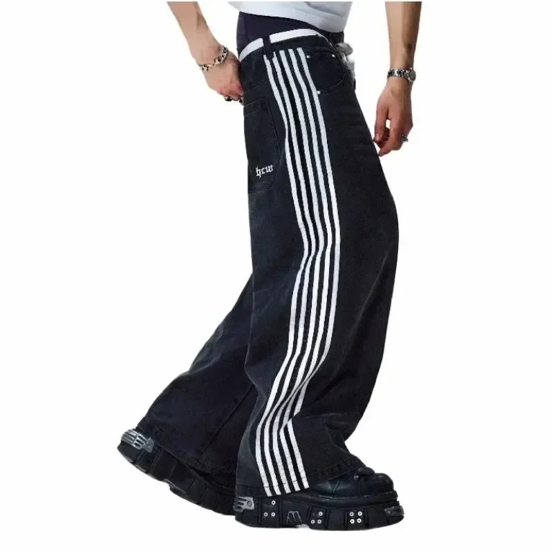 Harajuku Retro Hip Hop Mens Jeans Y2k Black Striped Baggy Jeans Gothic Embroidered Wide Leg Denim Pants High Street Streetwear