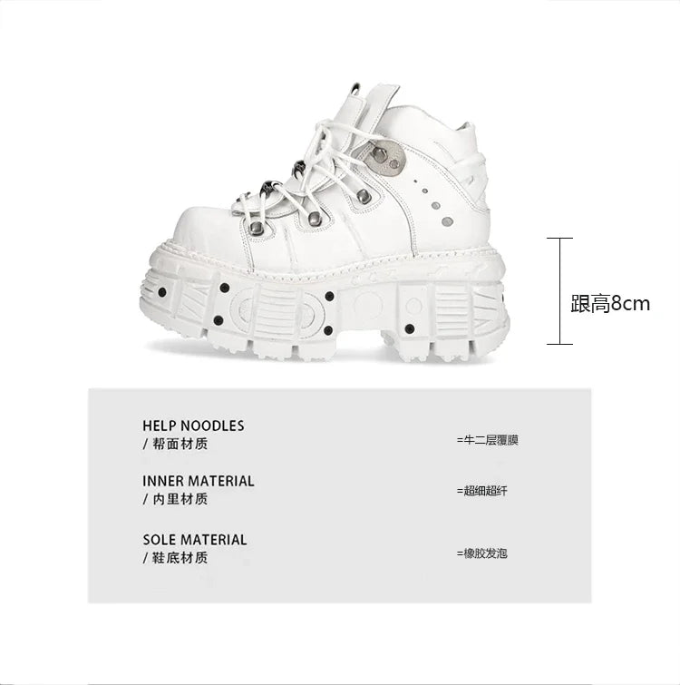 Fashion Women Motorcycle Boots Punk Thick Heel Height 8CM Flat Platform Goth Ankle Rock Boots Metal Decor Casual Sneakers