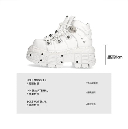 Fashion Women Motorcycle Boots Punk Thick Heel Height 8CM Flat Platform Goth Ankle Rock Boots Metal Decor Casual Sneakers