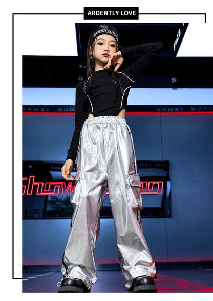 Jazz Dance Girls Clothes Kids Hip Hop Dance Costume Black Leather Crop Tops Hiphop Pants Catwalk Performance Clothing BL13600