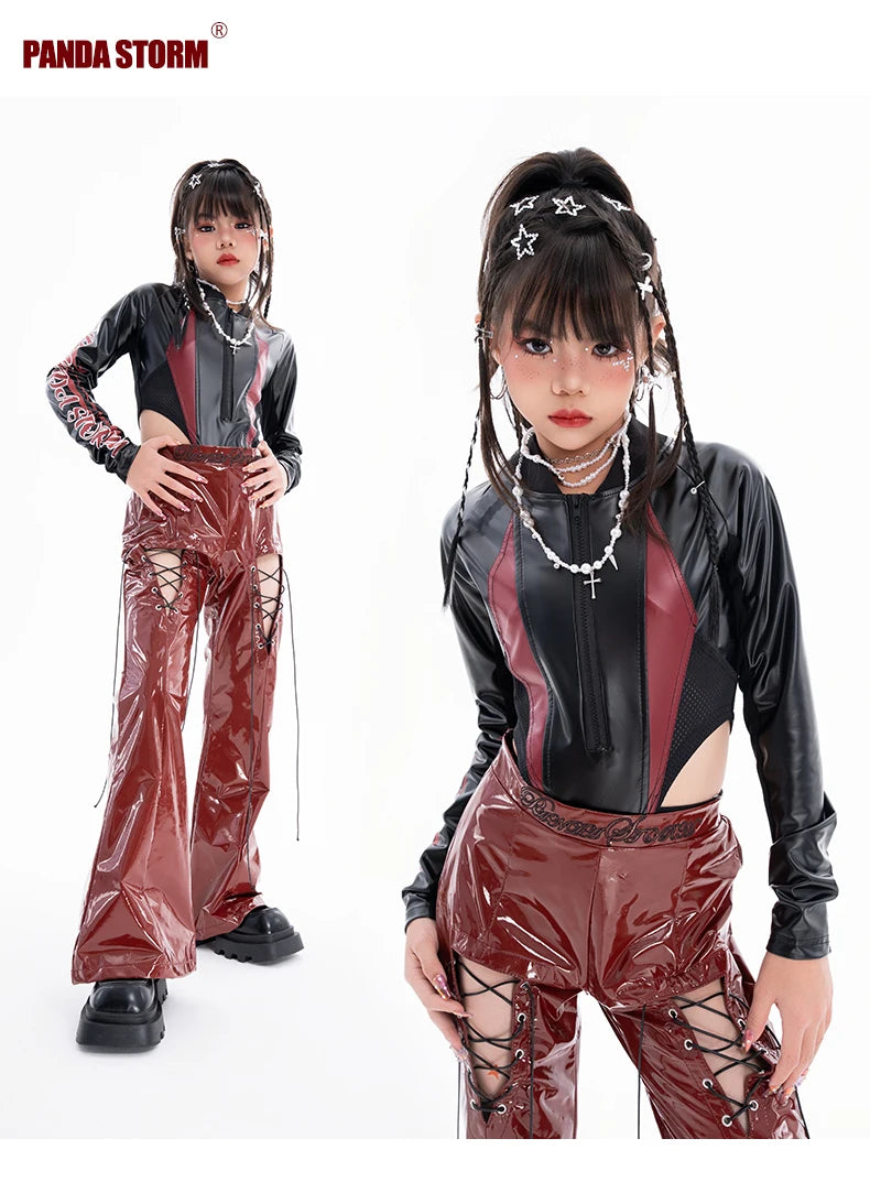 2025 Fashion Girls Jazz Dance Clothes Leather Tops Trousers Red Performance Suit Hip Hop Dance Costume Kids Stage Wear  BL18021