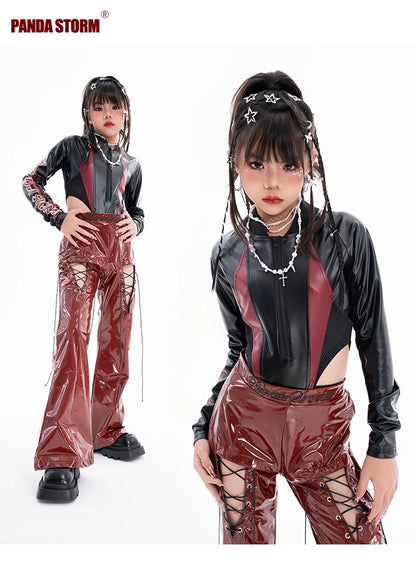 2025 Fashion Girls Jazz Dance Clothes Leather Tops Trousers Red Performance Suit Hip Hop Dance Costume Kids Stage Wear  BL18021