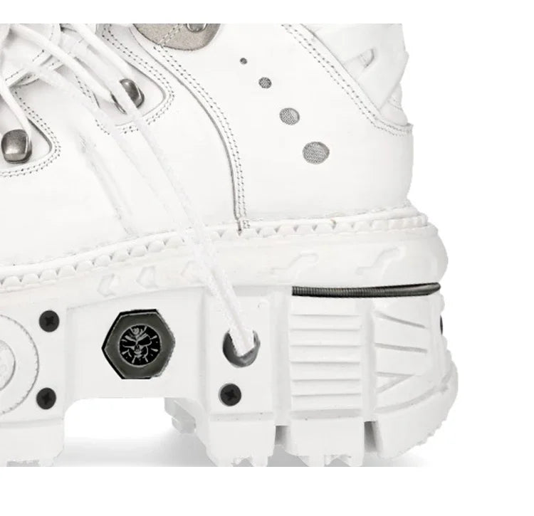 Fashion Women Motorcycle Boots Punk Thick Heel Height 8CM Flat Platform Goth Ankle Rock Boots Metal Decor Casual Sneakers