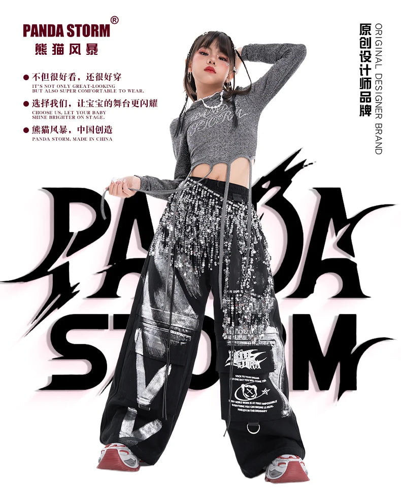 Fashion Girls Hip Hop Dance Clothing Long Sleeves Tops Baggy Pants Kids Jazz Kpop Performance Costume Street Dance Wear BL17513