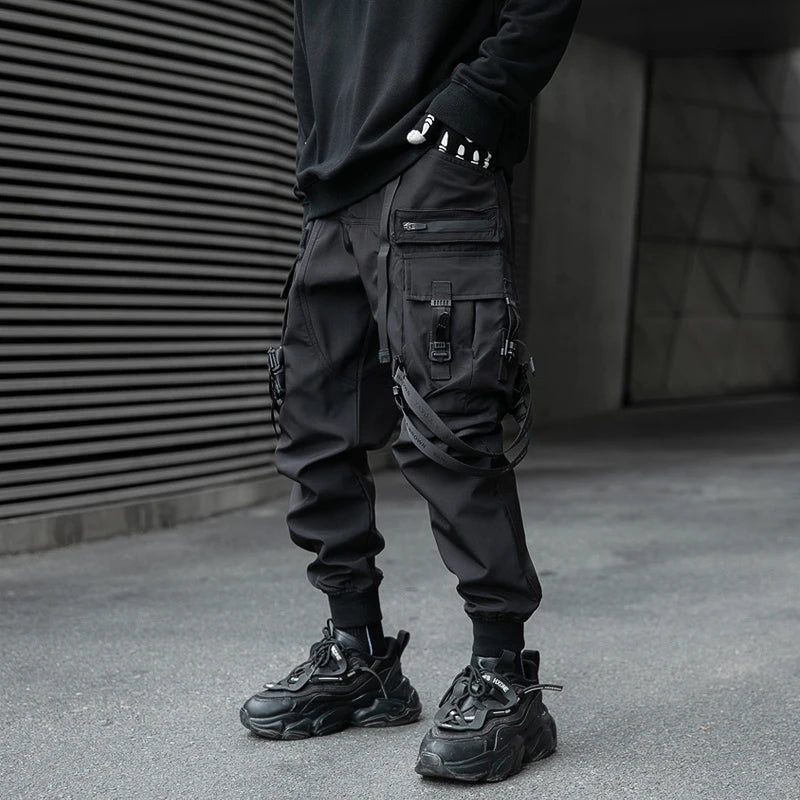 Hip Hop Tactical Cargo Pants Men Ribbons Joggers Trousers 2023 Spring Functional Elastic Waist Fahsion Streetwear Pant