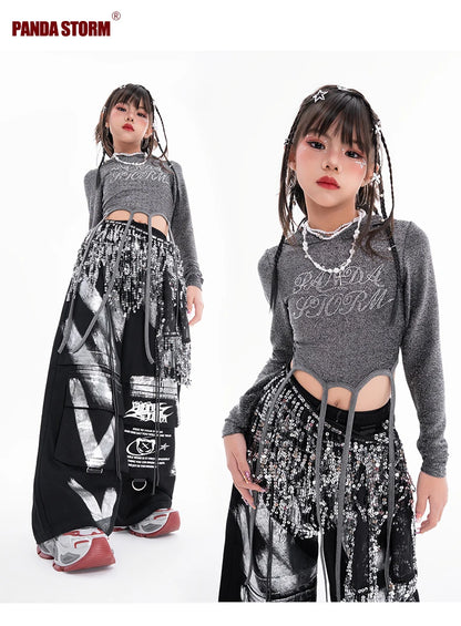 Fashion Girls Hip Hop Dance Clothing Long Sleeves Tops Baggy Pants Kids Jazz Kpop Performance Costume Street Dance Wear BL17513