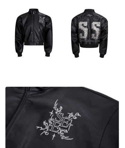Motorcycle Style Black Short PU Leather Jacket Metal Letter Embroidered Leather Coat Men