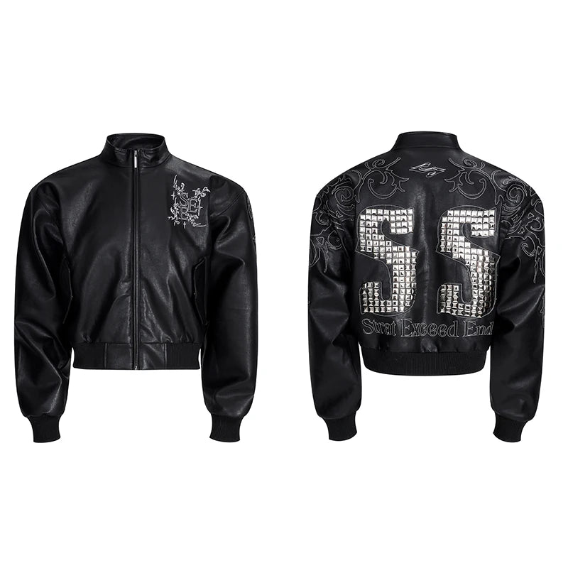 Motorcycle Style Black Short PU Leather Jacket Metal Letter Embroidered Leather Coat Men