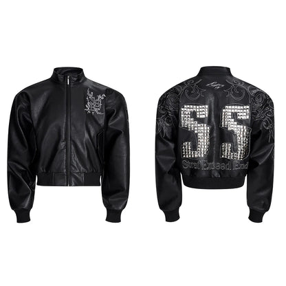 Motorcycle Style Black Short PU Leather Jacket Metal Letter Embroidered Leather Coat Men