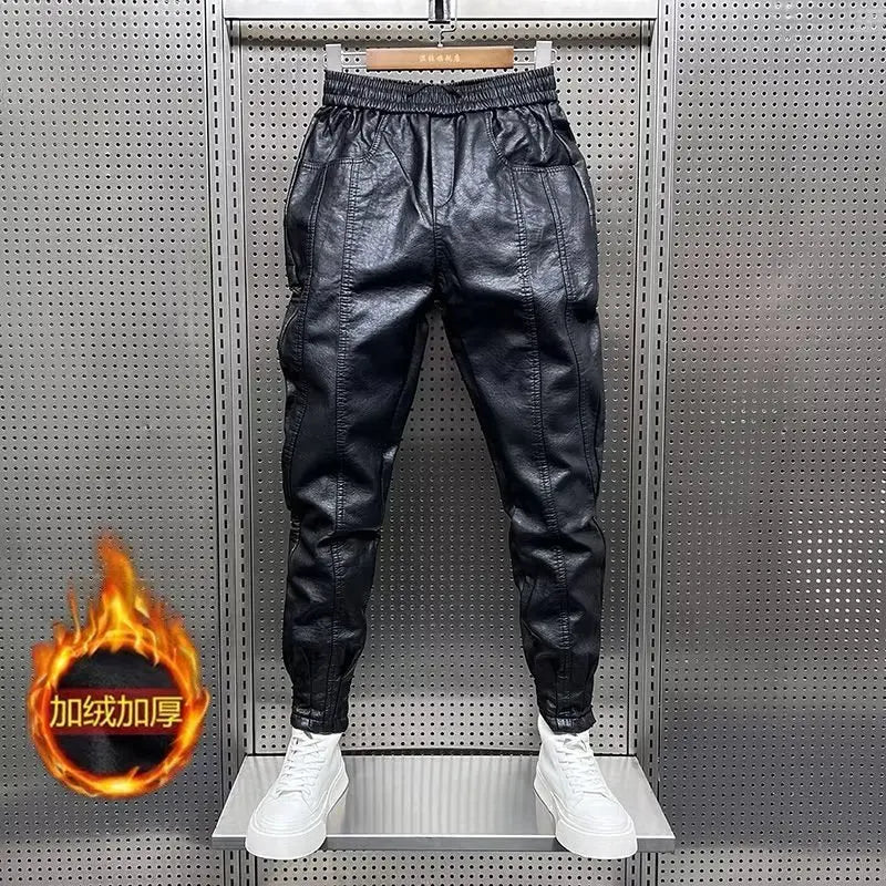 Hip Hop Mens Leather Pants Harajuku Retro Loose Casual Trousers Straight Solid Color Black Pants Streetwear Brand Motorcycle Pan