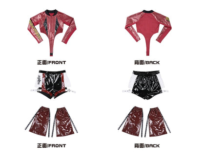 2025 Fashion Girls Jazz Dance Clothes Leather Tops Trousers Red Performance Suit Hip Hop Dance Costume Kids Stage Wear  BL18021