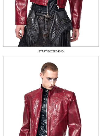 FEWQ High Street Men's PU Leather Jackets Stand Collar Shoulder Pads Dirty-dying Contrast Color Loose Male Short Coats 24K5621