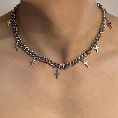Punk Hip Hop Metal Rivet Pointed Choker Necklace for Women Men Gothic Silver Color Cross Clavicle Chain Necklace Y2K Jewelry