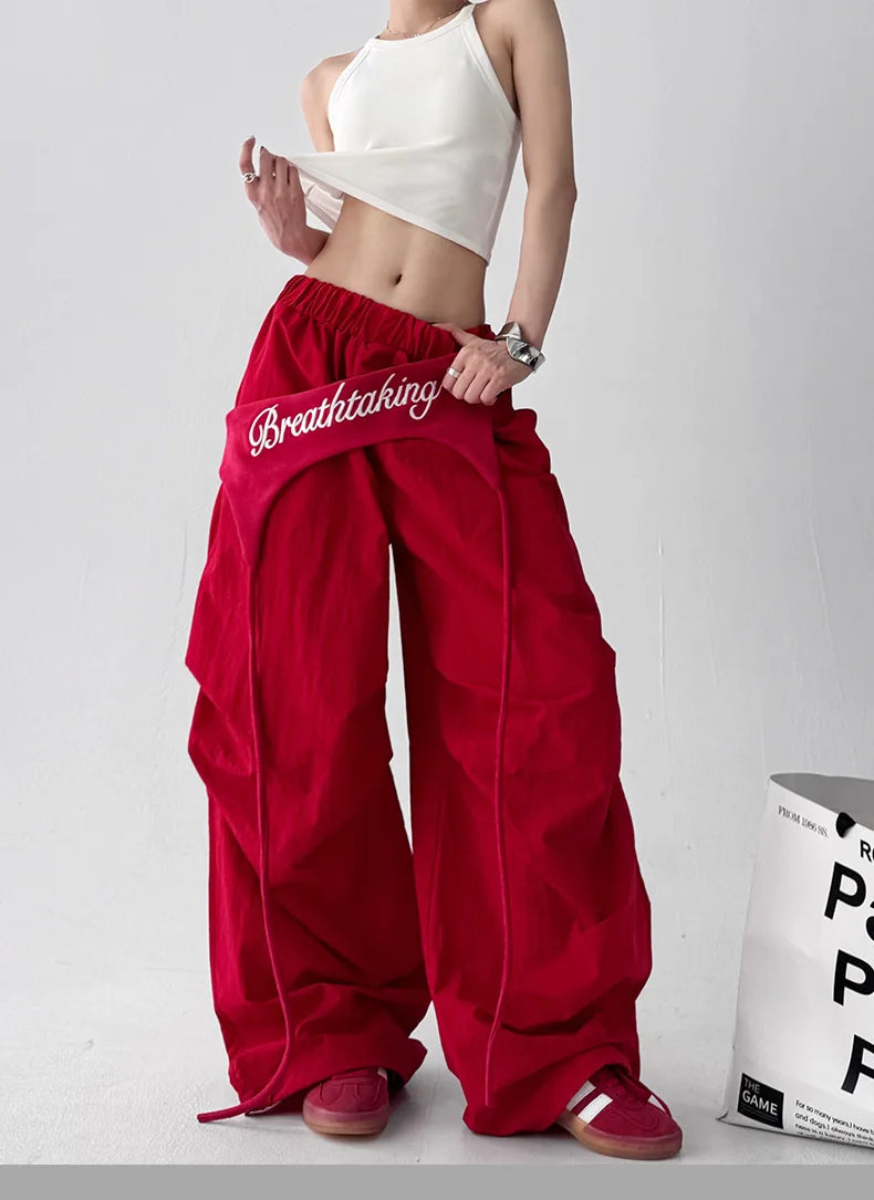 Women's Bootcut Trousers - Streetwear Baggy Pants with Hip Drape & Waist Ties, American Hip Hop Curved Hem Casual Pants White