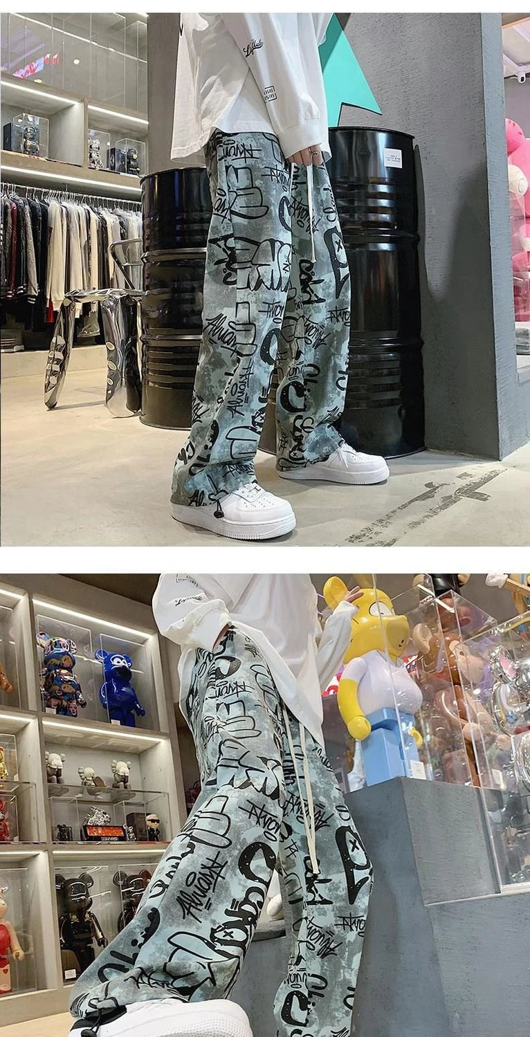High Street Graffiti Tie-dye Pants Men Casual Loose Oversized Hip-hop Trousers Man American Straight Wide-leg Pants