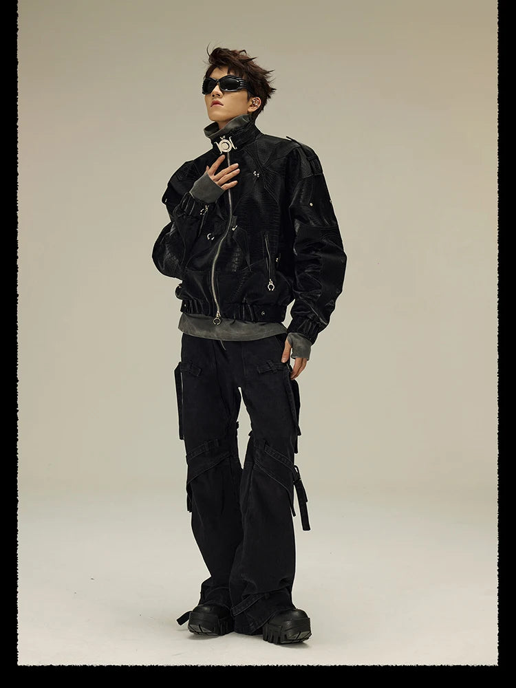 Mauroicardi Spring Autumn Cool Short Shiny Black Crocodile Print Pu Leather Jacket Men Luxury Designer Y2K Streetwear Clothes