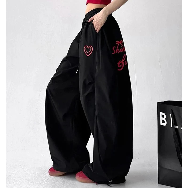 Jazz Dance Black Pants Women High Waisted Harajuku Y2K American Trousers Street Embroidered Vintage Solid Lazy Hiphop Pants