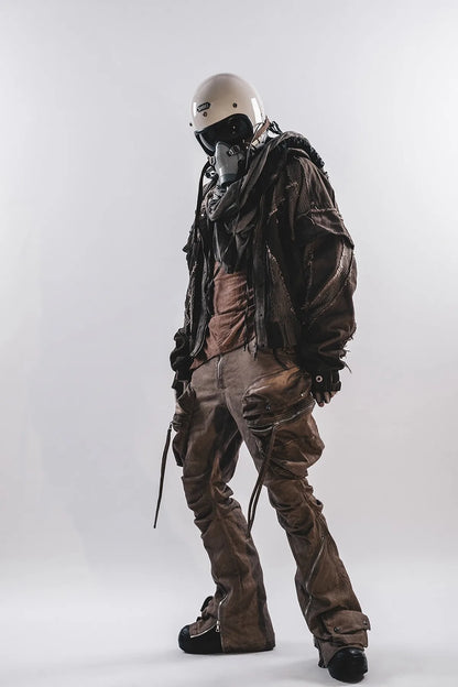 Waste Soil Style Men Stereoscopic Cut Mesh Splicing Hooded Short Jacket Washed Distressed Coat Men