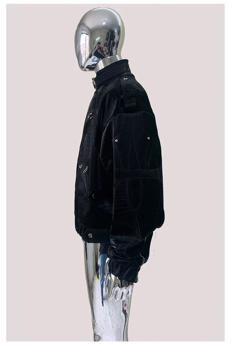 Mauroicardi Autumn Short Color Block Crocodile Print Faux Leather Jacket Men Stand Collar Luxury Designer Punk Style Emo Clothes