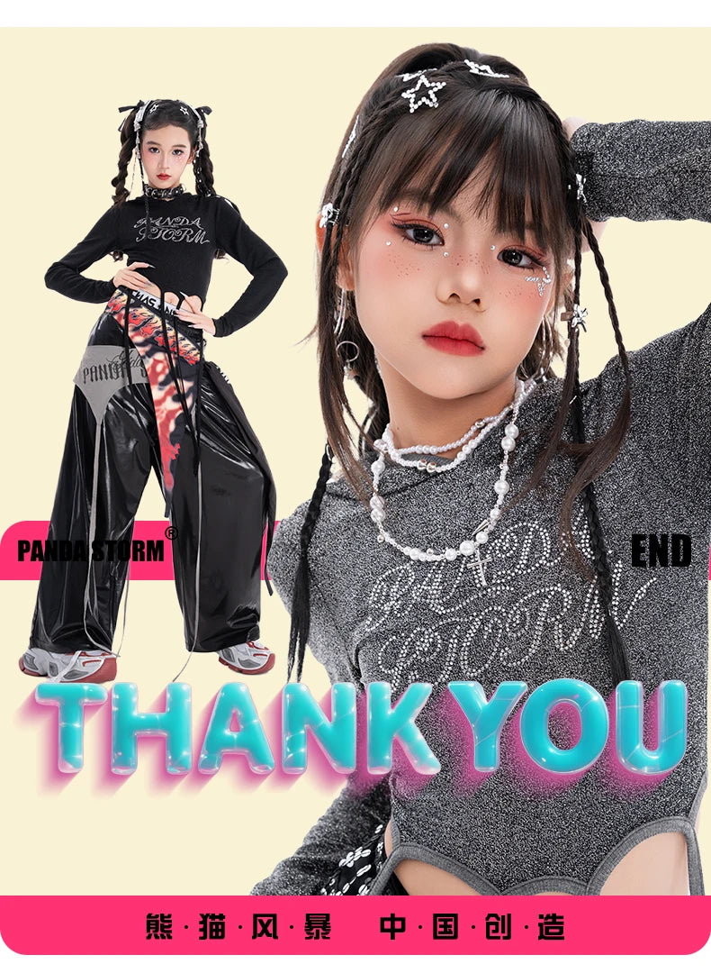 Fashion Girls Hip Hop Dance Clothing Long Sleeves Tops Baggy Pants Kids Jazz Kpop Performance Costume Street Dance Wear BL17513