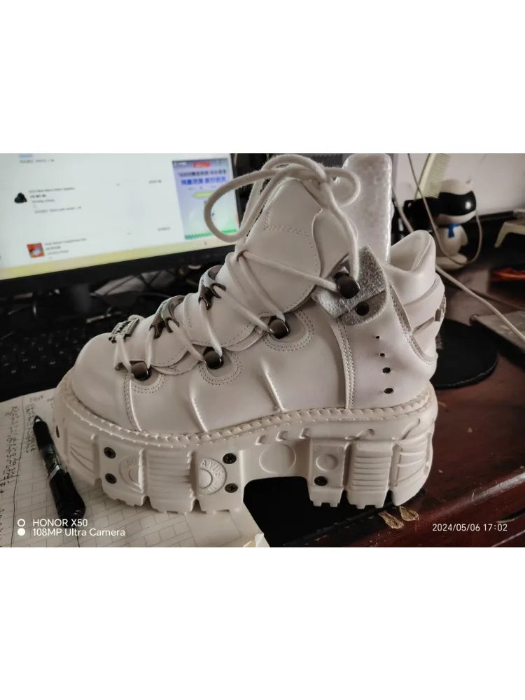 2025 Cyberpunk Heavy Metal Women's Small Height Increasing Lace-up Men Tabby Dark Goth Rock Platform Shoes 8cm