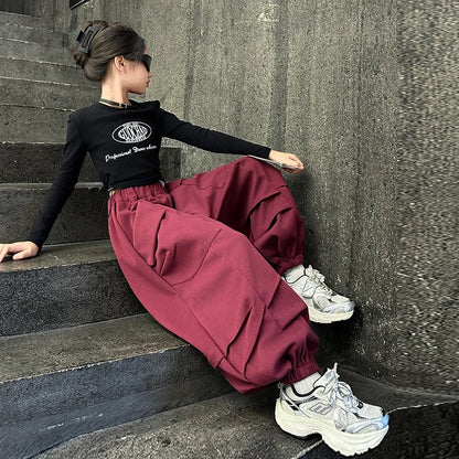 2025 Hot Sale Loose Hip-hop Pants For Girl Kids Fashion High Street Child Black Burgundy Chocolate Trousers Streewear Trackpants