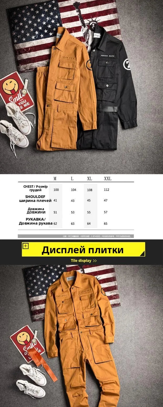 Hip Hop Workwear Pants Jumpsuit Retro Japanese Sle Men's Cuffed Long Pants Personalized Trendy Youth Loose Fit Printed