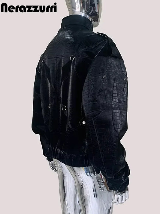 Mauroicardi Autumn Short Color Block Crocodile Print Faux Leather Jacket Men Stand Collar Luxury Designer Punk Style Emo Clothes