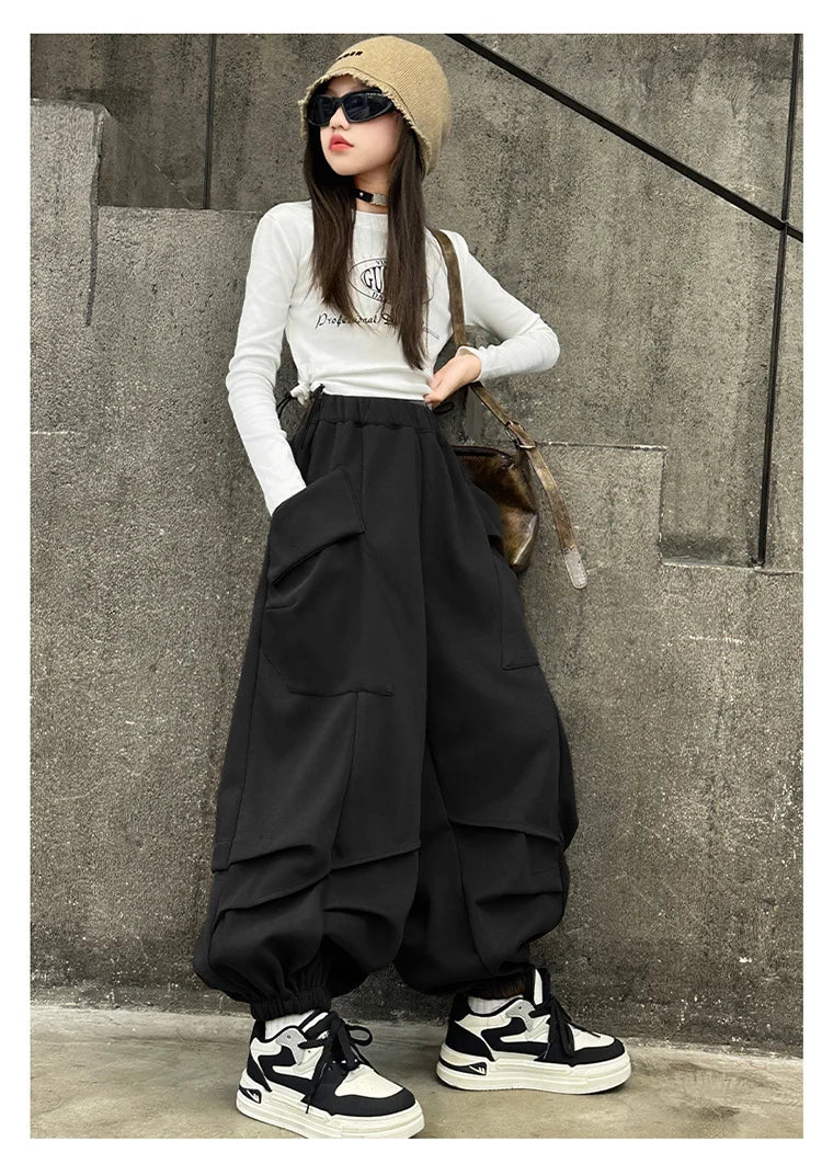 2025 Hot Sale Loose Hip-hop Pants For Girl Kids Fashion High Street Child Black Burgundy Chocolate Trousers Streewear Trackpants