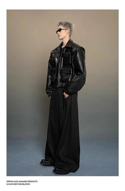 Y2K Mens PU Leather Jacket Pocket Motorcycle Coat Flip Collar Casual Gothic High Street Dark Silhouette Top Men's Wear 2025