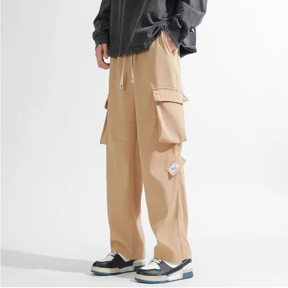 Hip Hop Pants Drawstring Wide Leg Sweatpants Y2K Oversized Baggy Cargo Pants Multi-pockets Loose Men Joggers Trousers Sports