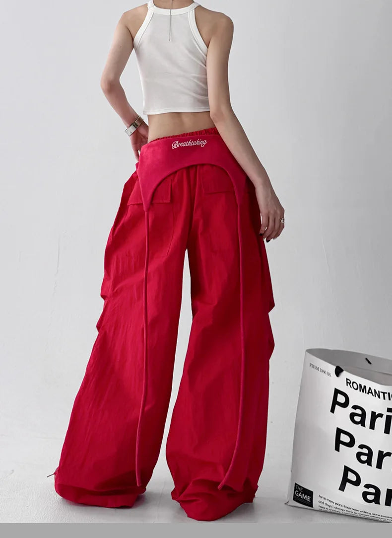 Women's Bootcut Trousers - Streetwear Baggy Pants with Hip Drape & Waist Ties, American Hip Hop Curved Hem Casual Pants White