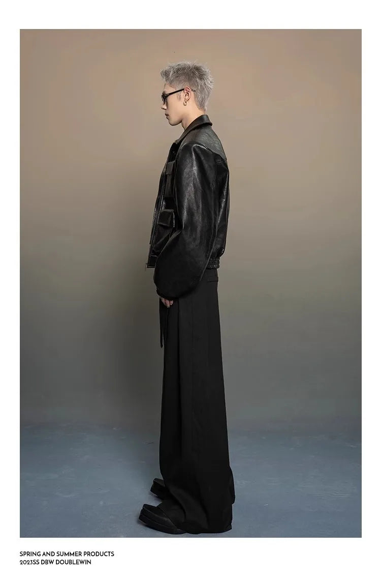 Y2K Mens PU Leather Jacket Pocket Motorcycle Coat Flip Collar Casual Gothic High Street Dark Silhouette Top Men's Wear 2025