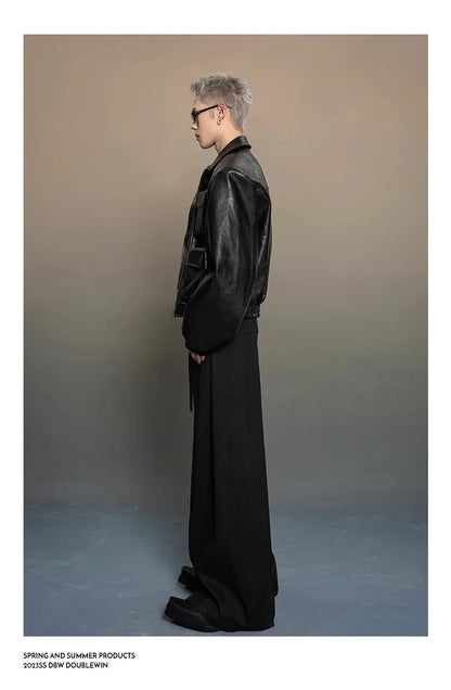 Y2K Mens PU Leather Jacket Pocket Motorcycle Coat Flip Collar Casual Gothic High Street Dark Silhouette Top Men's Wear 2025